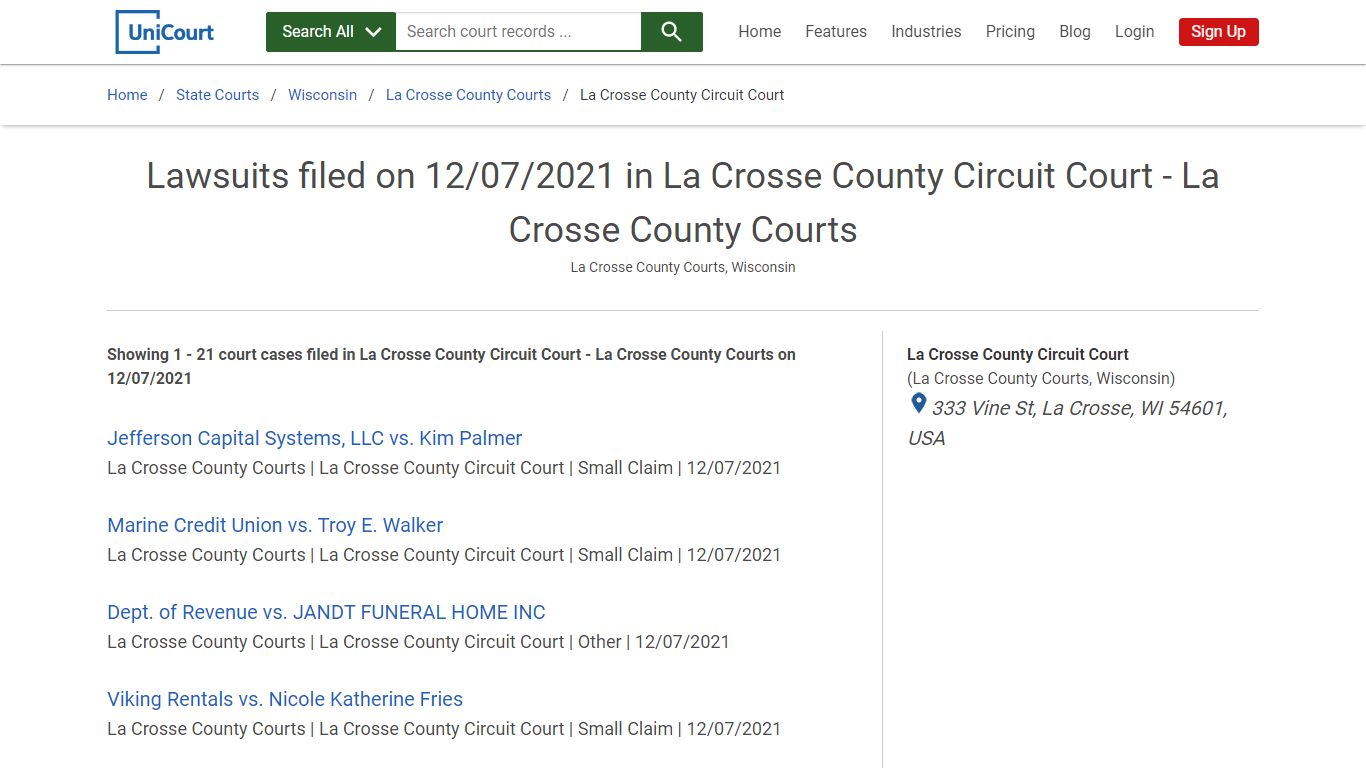 Lawsuits filed on 12/07/2021 in La Crosse County Circuit ...